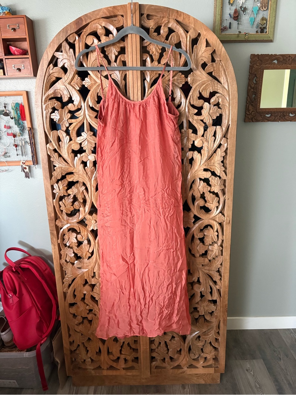 Sundance Coral Slip Midi Dress with Spaghetti Straps